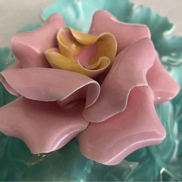 Vintage Enchanto candy dish turquoise leaves (cabbage?) and pink rose - Picture 14 of 16